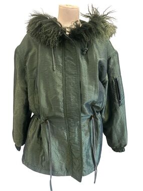 90’s Greg Bell iridescent, green Mongolian lamb collar parka Size Small